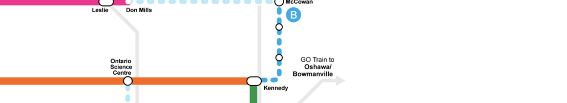 Portion of the toronto transit map displaying the location of the Scarborough Subway Extension